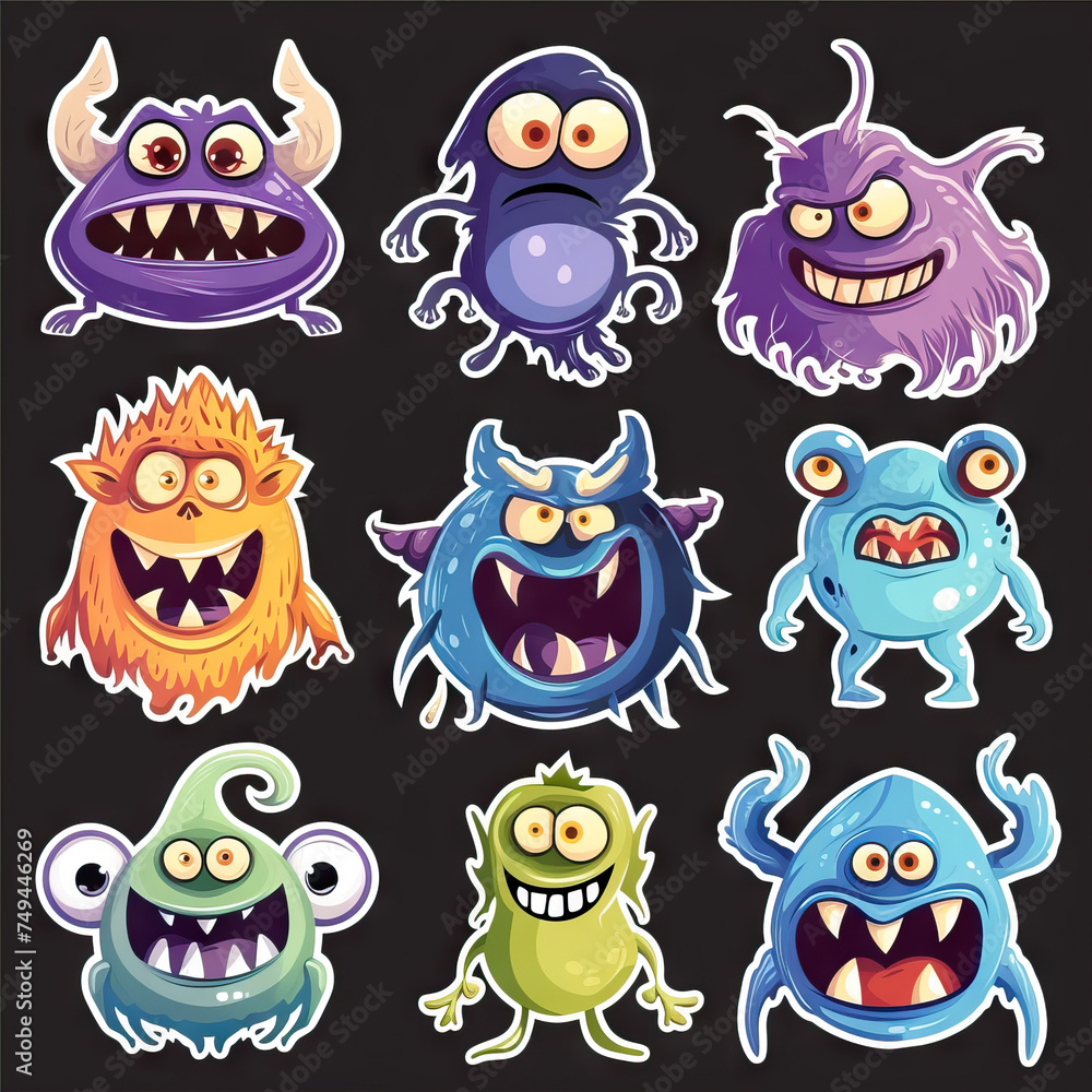 Fototapeta premium Scary Creepy Monsters Sticker Collection. Multiple. Vector Icon Illustration. Icon Concept Isolated Premium Vector.