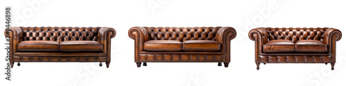 Brown leather chesterfield sofa isolated on transparent background.