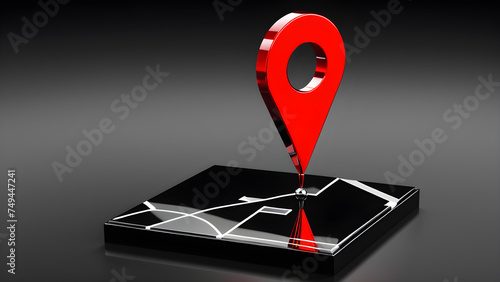 pin on the map. red locator mark of map and location pin or navigation icon sign isolated on a black background. photo