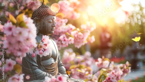Scene of a Buddha statue with flowers in the background, animated virtual repeating seamless 4k photo