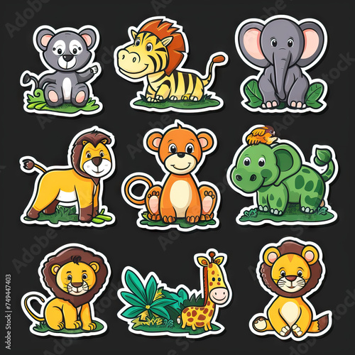 Jungle Animals. Sticker Collection. Multiple. Vector Icon Illustration. Icon Concept Isolated Premium Vector. 