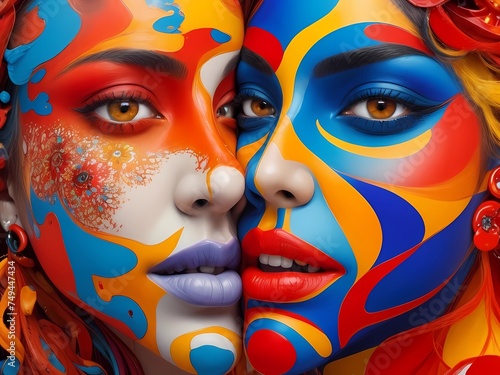 Faces of surreal colors with splashes of yellow, red, white, blue, and black. 