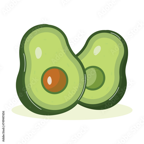 Cute cartoon avocado icon. Ripe avocado fruits, healthy nutritious natural food and avocado half, slice. Avocado inside. Design for textiles, labels, posters.