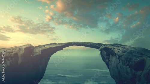 Natural rock arch bridge over the ocean - A massive rock arch over calm ocean waters, captured during a beautiful sunrise or sunset, creating a natural bridge against the sky