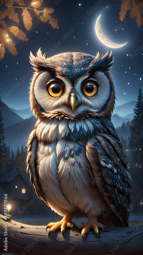 Night Owl Perched on Tree Branch under Moonlight Night Owl Perched on Tree Branch under Moonlight
