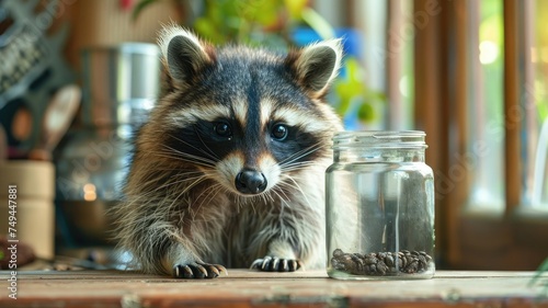 Raccoon with jar amidst kitchenware setting - A racoon appears seated in a domestic environment  subtly confronting the concepts of wild versus tamed nature