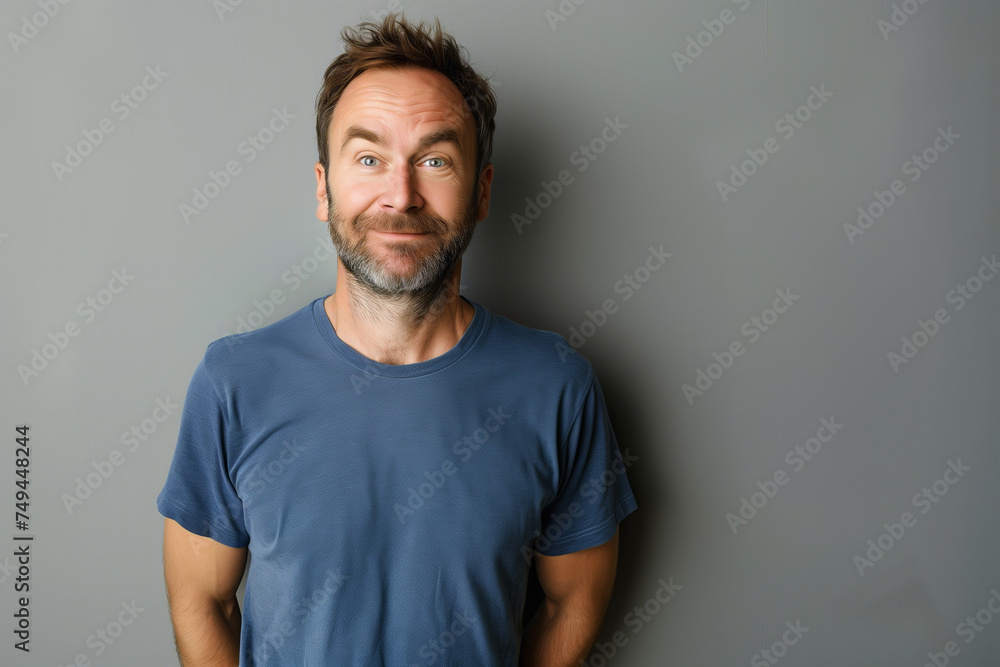 Casual Adult Man with a Quizzical Expression Posing on a Gray Background for a Lifestyle Portrait Casual Adult Man with a Quizzical Expression Posing on a Gray Background for a Lifestyle Portrait