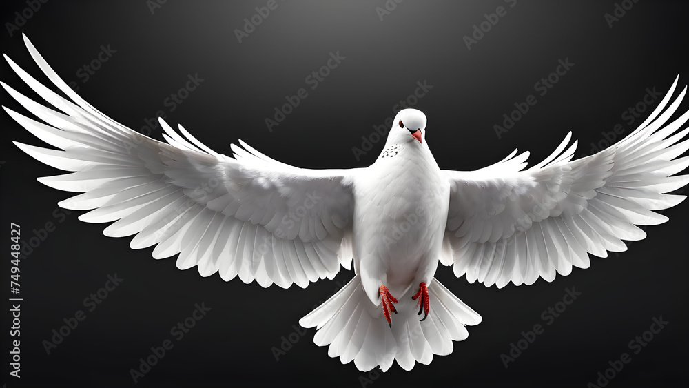 white dove on black. white dove flying. white dove open wing on black background. dove of peace - obrazy, fototapety, plakaty 