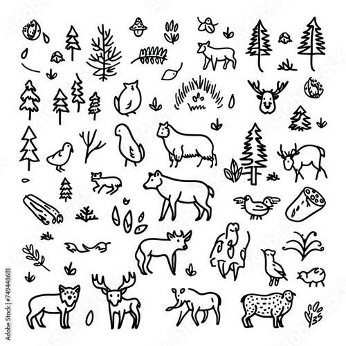 Forest - Wildlife. Animals. Sticker Collection. Multiple. Vector Icon Illustration. Icon Concept Isolated Premium Vector. Line Art. 