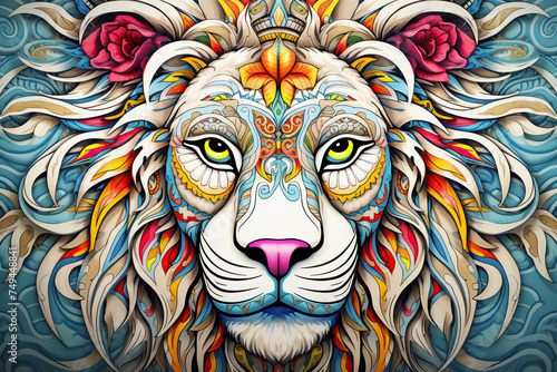 Multicolored Painting like portrait of a Male lion in fantasy multicolored style, Africa, AI generated photo