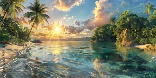 Capture the allure of a tropical beach escape with a lifelike photograph, as the golden sun casts a warm glow over the sandy shore.