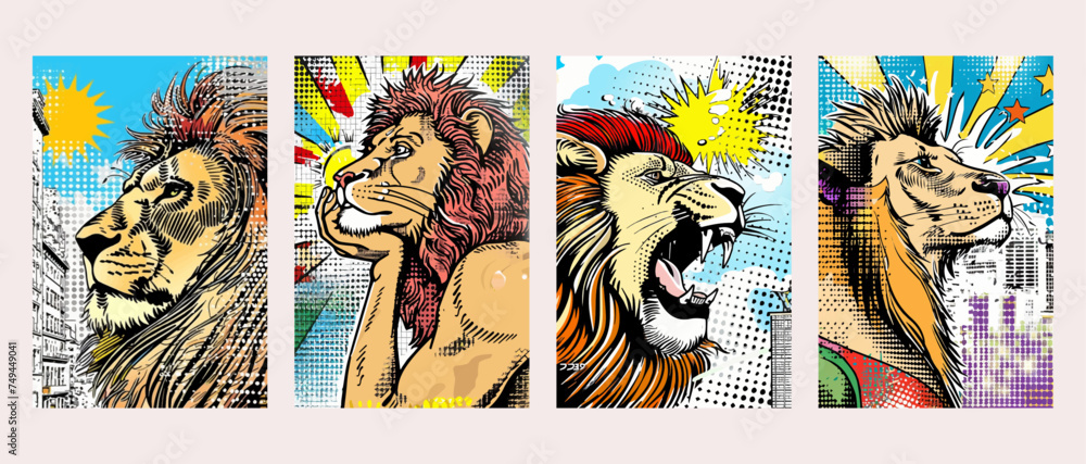 Comic-style lion portraits showcasing various expressions against a backdrop of dynamic sunbursts.