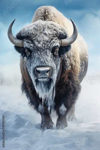 Large male bison covered with ice walking in snow, AI generated © Gabrielle