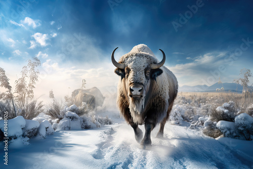 Large male bison covered with ice walking in snow, AI generated