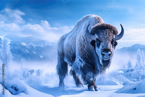 Large male bison covered with ice walking in snow, AI generated