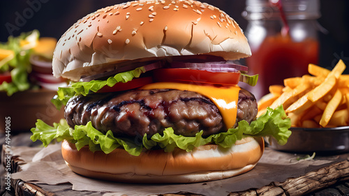 delicious juicy burger on a table in a rustic style photo