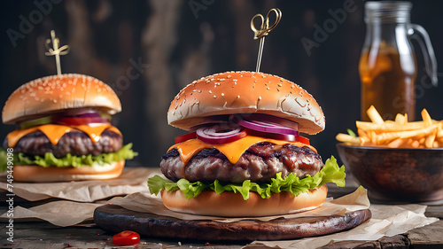 delicious juicy burger on a table in a rustic style photo