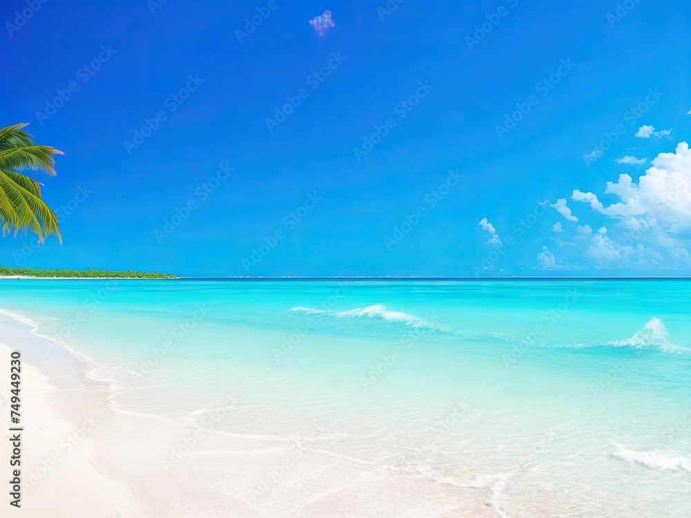Beautiful tropical beach with turquoise ocean waves, blue skies, and white sand Beautiful tropical beach with turquoise ocean waves, blue skies, and white sand