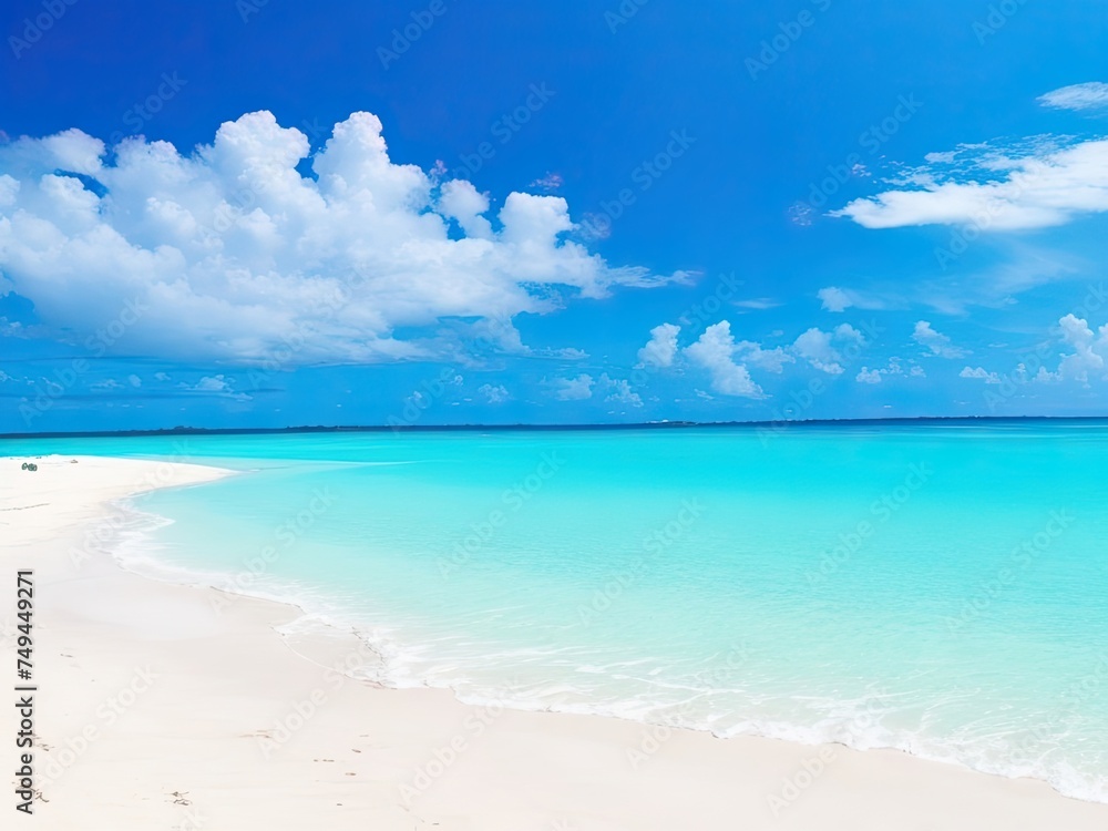 Beautiful tropical beach with turquoise ocean waves, blue skies, and white sand