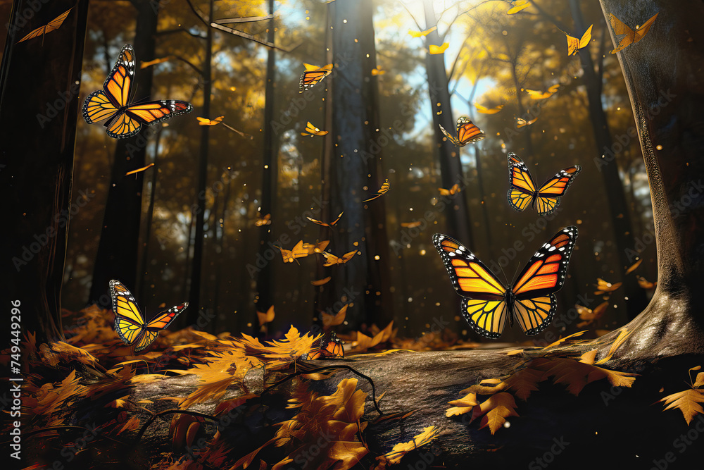 Big group of stylized yellow monarch butterflies flying in a natural forest environment, AI generated
