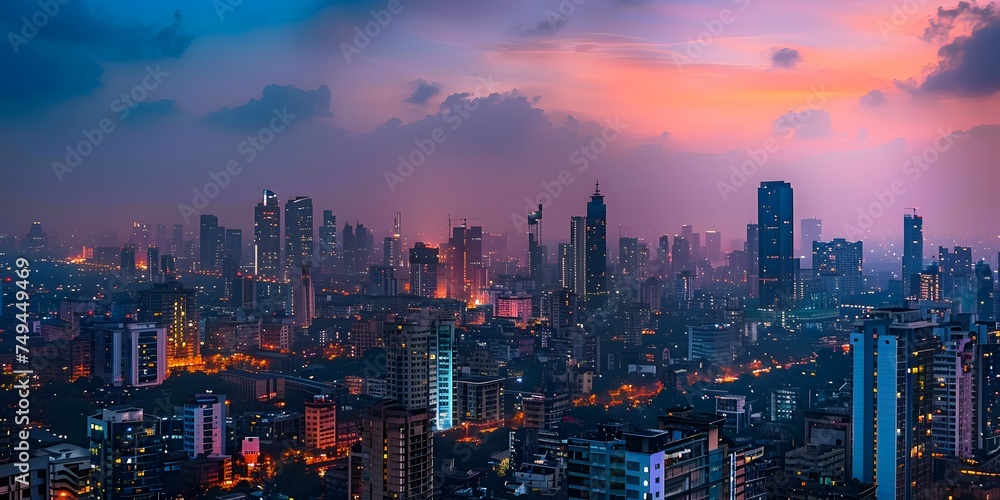 Fototapeta premium Experience the dynamic urban landscape through a captivating photograph, where the impressive panorama of a modern city skyline unfolds, highlighting architectural brilliance.