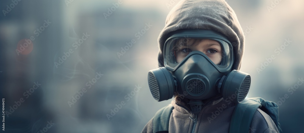 A man is shown walking through a city while wearing a gas mask, protecting himself from harmful pollutants in the air. The urban environment is visible in the background. A man is shown walking through a city while wearing a gas mask, protecting himself from harmful pollutants in the air. The urban environment is visible in the background.
