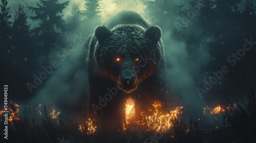 Horror view of big bear in forest at night. Angry bear behind the fire cloudy sky. 