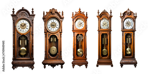 Tall antique grandfather clock isolated on transparent background.