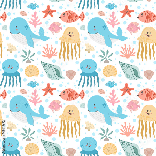 Seamless pattern of kawaii sea animals, shells and seaweed on a white background