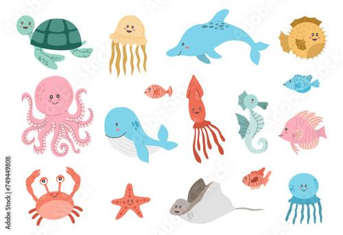 Set with different kawaii sea animals on white background