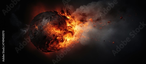 A large fireball emanates intense heat with billowing black smoke against a stark black background. The fiery orb dominates the scene with its vibrant flames and dynamic energy. © Emin