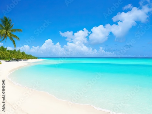 Beautiful tropical beach with turquoise ocean waves, blue skies, and white sand © REZAUL4513