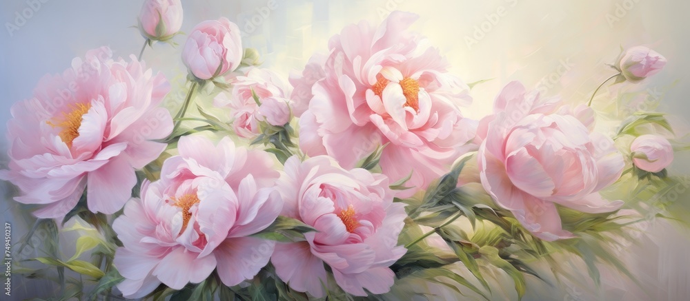 A realistic painting depicting a bouquet of pink flowers in a clear vase. The delicate petals and green leaves are captured in detail under soft daylight, creating a serene atmosphere. A realistic painting depicting a bouquet of pink flowers in a clear vase. The delicate petals and green leaves are captured in detail under soft daylight, creating a serene atmosphere.