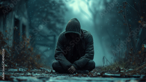 A lonely person with deep sad emotion living in eerie place photo