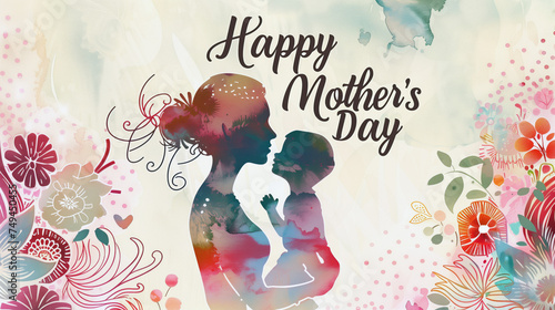 Stylized Mother Child Silhouette Floral Mother's Day Illustration 