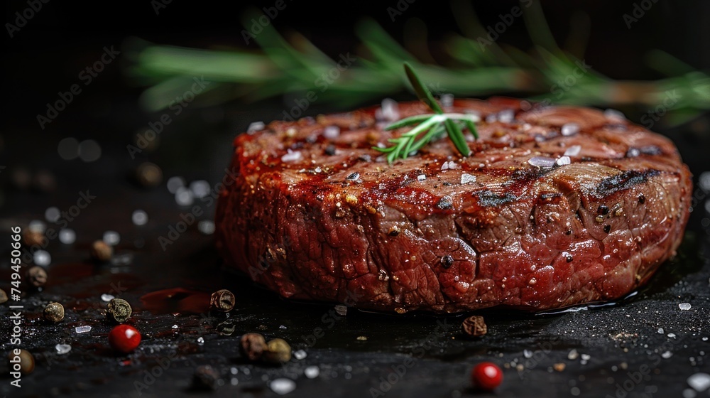 a piece of steak with a sprig of rosemary sits on a black surface surrounded by spices and pepper. a piece of steak with a sprig of rosemary sits on a black surface surrounded by spices and pepper.