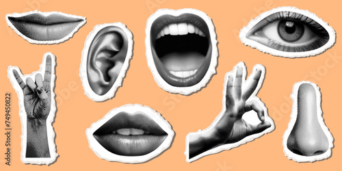 set of collage elements with body parts with eye hand showing ok sign nose ear smiling mouth lips retro halftone dotted texture torn paper shapes isolated on trendy peach background