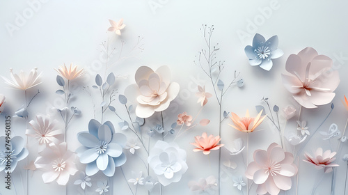 Delicate paper flowers in soft pastel tones grace a serene wall, creating a minimalist yet elegant composition
