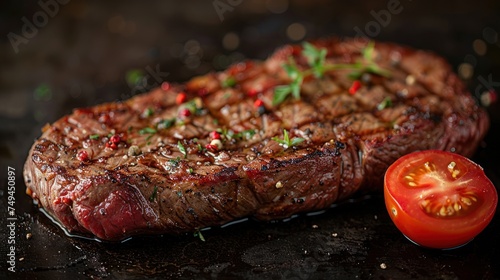 a piece of steak sitting next to a tomato on a black surface with a green sprig on top of it. photo