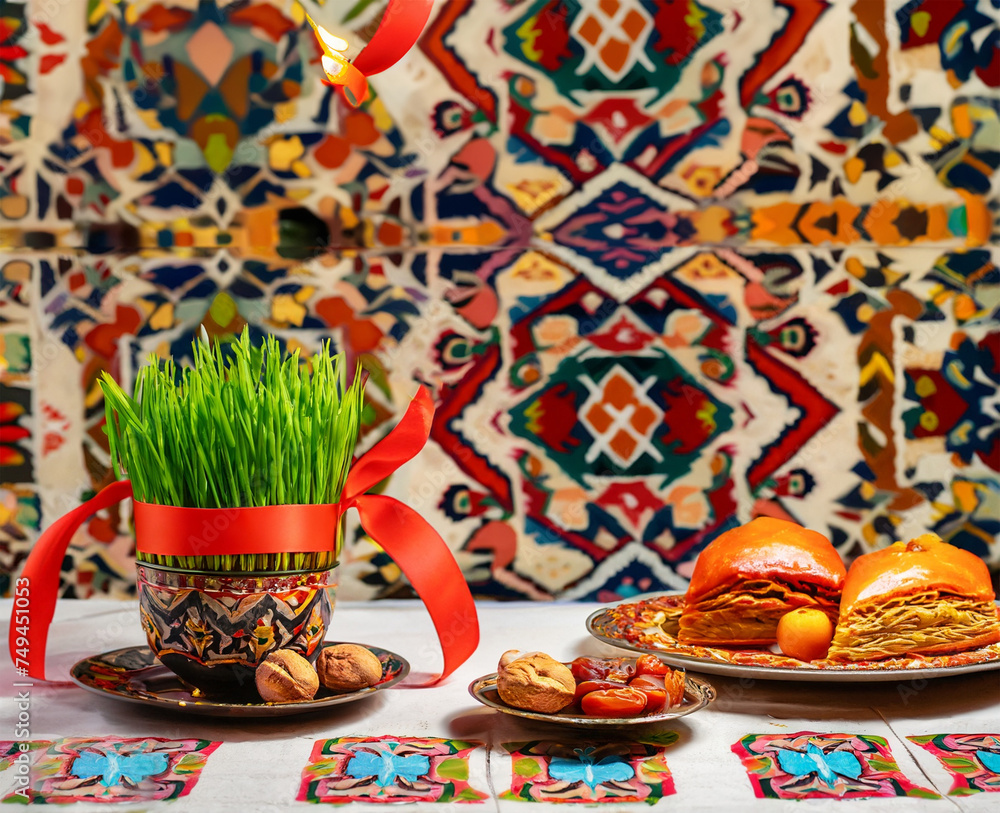 Novruz table setting with green samani wheat grass with red ribbon, dried fruits, sweet pastry and candles. Ethnic motives carpet in background, new year spring celebration in Azerbaijan, copy space