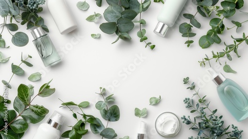 Flat lay composition with body care products and eucalyptus branches on white background 