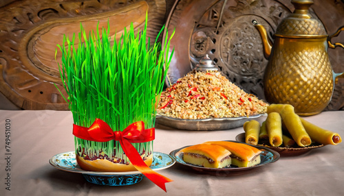 Novruz table setting with green samani wheat grass with red ribbon, dried fruits, sweet pastry and candles. Ethnic motives carpet in background, new year spring celebration in Azerbaijan, copy space photo