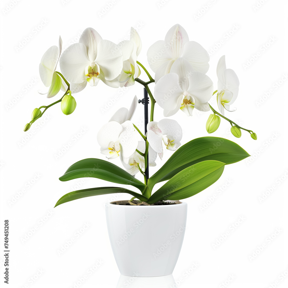 Obraz premium Moth orchid in minimalist white pot on isolated white background