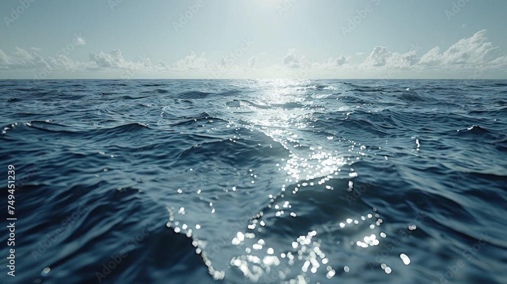 a body of water with the sun shining on the horizon and the water's surface in the foreground.