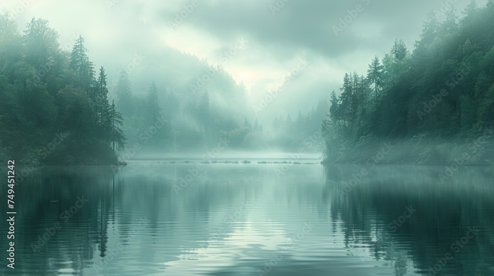 a body of water surrounded by trees on a foggy day with a train on a bridge in the distance.