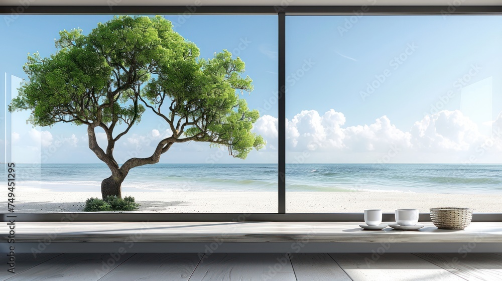 a window view of a beach with a tree in the foreground and a cup of coffee in the foreground.