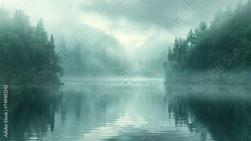 a body of water surrounded by trees on a foggy day with a train on a bridge in the distance. photo