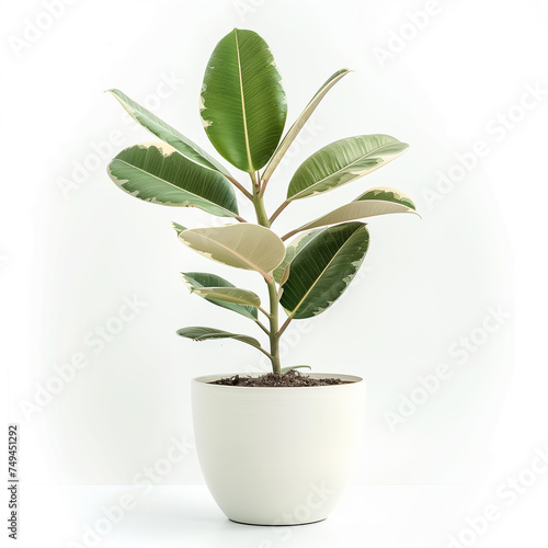 Rubber plant - ficus elastica in minimalist white pot on isolated white background