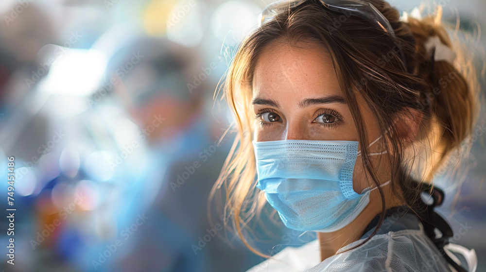 portrait of a female doctor with mask, Woman 
female nurse, nurses day  Background cover banner copy space
