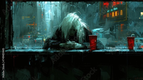 a man sitting at a table in front of a window with a cup of coffee in front of him on a rainy day. photo